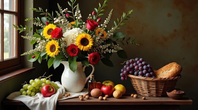 Classic still life composition: vibrant bouquet of sunflowers and red roses in a white pitcher, arranged next to fresh fruit, bread, and nuts on a rustic wooden table by a window.