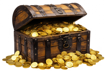 Wooden treasure chest overflowing with gold coins isolated on a transparent background