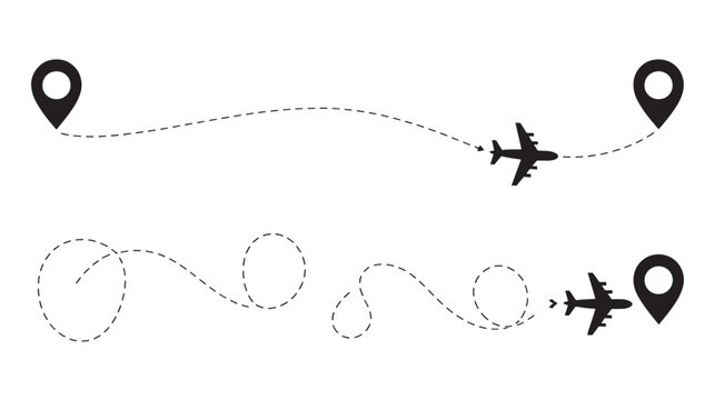 Airplane route vector illustration showing travel path with start and end points isolated on white background
