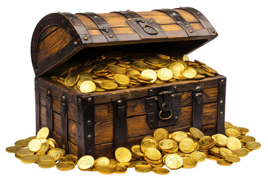 Wooden treasure chest overflowing with gold coins isolated on a transparent background