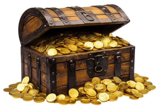 Wooden treasure chest overflowing with gold coins isolated on a transparent background
