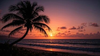 Fototapeta premium Sunset over the ocean with a palm tree silhouette, warm sky colors, and gentle waves on the beach.