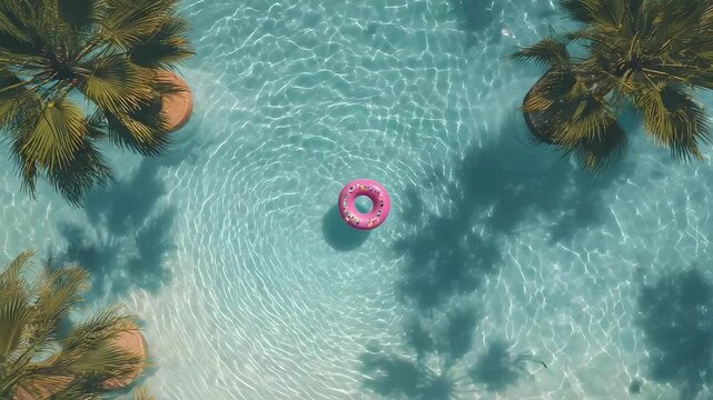 Pink inflatable donut floats in a clear turquoise pool, surrounded by palm trees and their long shadows.