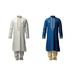 Men’s Traditional Panjabi Set – White and Blue Embroidered Panjabi with Pajama Isolated on White