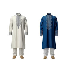 Men’s Traditional Panjabi Set – White and Blue Embroidered Panjabi with Pajama Isolated on White
