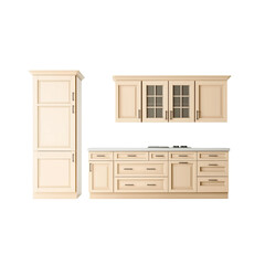 “Modern Beige Kitchen Cabinet Set with Countertop and Wall Units – Elegant Home Interior Furniture Design”