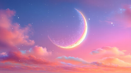 A crescent moon shines brightly in a colorful sky filled with pink, purple, and orange hues and twinkling stars