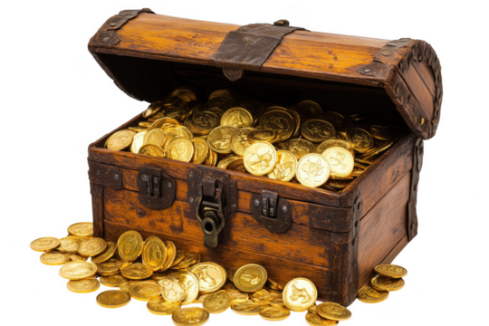 Wooden chest overflowing with gold coins isolated on a transparent background - Powered by Adobe