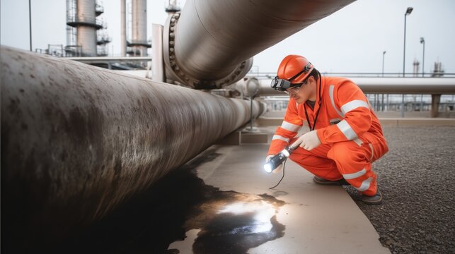Ecological environmental oil leak inspection in industrial refinery where technician checks damaged pipeline, representing safety control, contamination prevention, sustainability petroleum industry