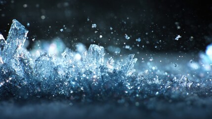 ice shards and frost crystals exploding in slow motion, subtle blue and silver tones, sparkling against a dark winter background