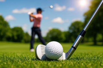 A golf ball and iron rest on bright grass as a golfer swings in the background under sunny skies, creating a calm outdoor sports moment filled with focus and precision.