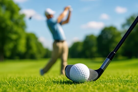 A golf ball and iron rest on bright grass as a golfer swings in the background under sunny skies, creating a calm outdoor sports moment filled with focus and precision.