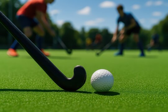 A close-up of a hockey stick and ball on bright green turf as players compete in the background, creating an energetic outdoor athletic scene.