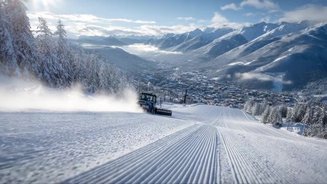 Snow-covered landscape with a snow groomer creating fresh tracks on a ski slope, showcasing the beauty of winter, camera follows the action smoothly down the hill