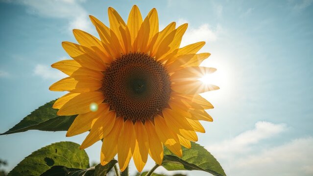 Sunflower flower with sun rays shining behind it against a blue sky. Nature and floral concept. Bright yellow flower. The concept of summer and natural beauty.