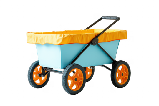 Blue wagon with orange trim and wheels isolated on a transparent background