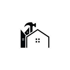 Creative silhouette logo of a hammer above houses symbolising construction, renovation and home improvement services