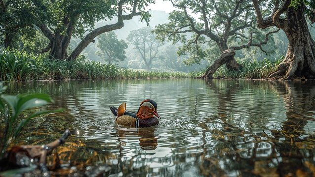 A duck swimming in a peaceful forest river with lush trees and greenery surrounding the water.