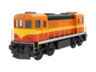 Orange, yellow, & red diesel engine, angled. Flat, black background