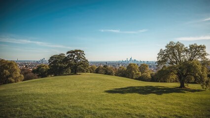 Obraz premium A scenic park with trees and city skyline in the distance, captured from a grassy hill with a clear sky, titled 3857.