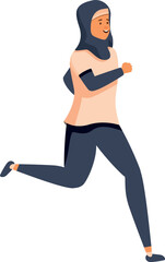 Smiling muslim sportswoman running, promoting healthy lifestyle, fitness and wellness