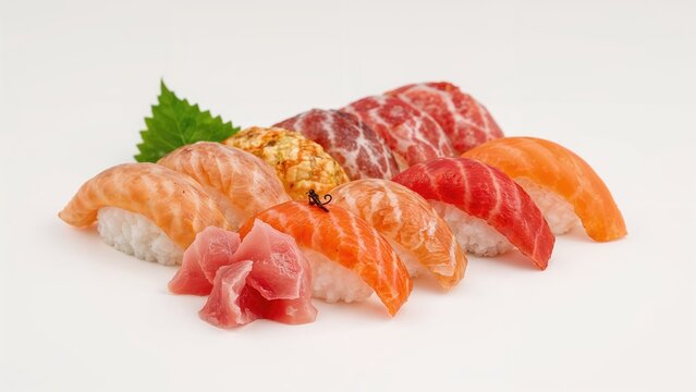 Assorted sushi and sashimi with a green leaf, featuring salmon, tuna, and other raw fish, on a white background. - Powered by Adobe