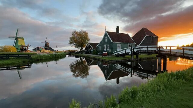 traditional Dutch village Zaanse Schans over water at summer sunset, Netherlands