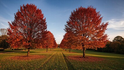 Autumn trees with red foliage along a grassy path in a park during sunset. Scenic nature scene with vibrant fall colors and clear sky.
