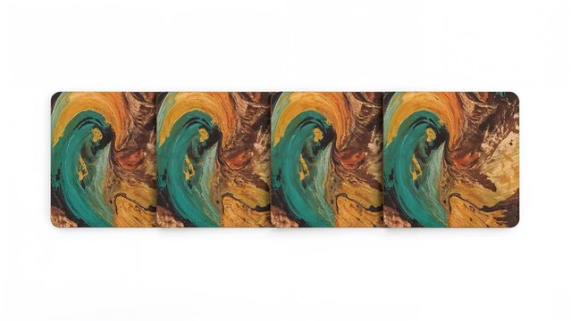 Five abstract paintings with swirling teal, orange, and brown colors arranged side by side. - Powered by Adobe
