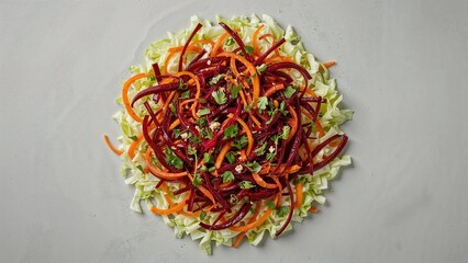 Fototapeta premium Colorful shredded vegetables on a plate, fresh salad. Healthy eating, vegetarian, and nutritious meal concept. Raw vegetables and salad ingredients.