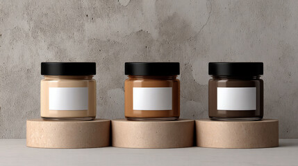 Three jars of different spreads with blank labels on pedestals against a textured gray background