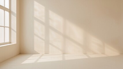 Obraz premium Sunlight and shadows cast through window panes on plain empty wall with natural light.