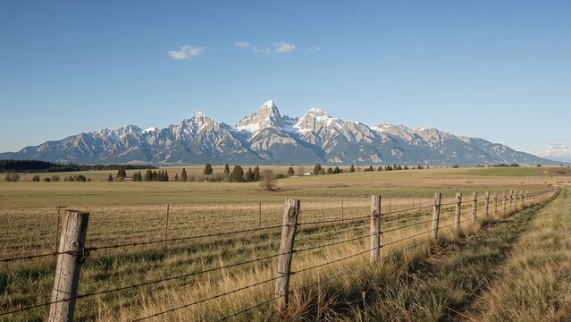 Open field with a mountain range skyline and a wooden fence in the foreground.
