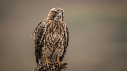 A bird of prey perched on a branch with a blurry background.