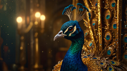 A close-up shot of a stunning peacock showcasing its vibrant blue and green feathers with mesmerizing iridescent details.