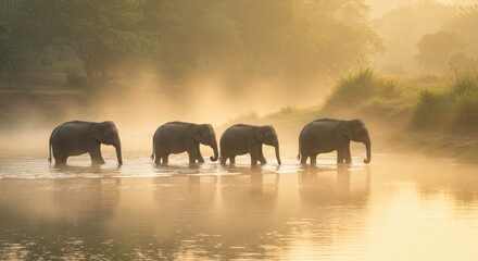 Elephant Herd Crossing River In Golden Sunrise 