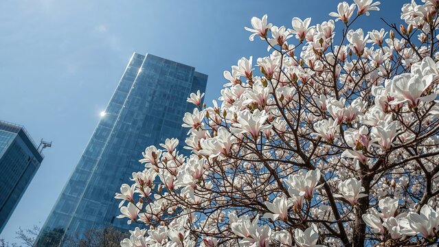 A tall skyscraper and blooming magnolia tree in an urban setting on a clear day. - Powered by Adobe