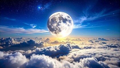 Bright full moon above cloud layer in starry night sky. Craters visible, with moonlight reflecting off clouds. Ethereal, tranquil, and celestial atmosphere.