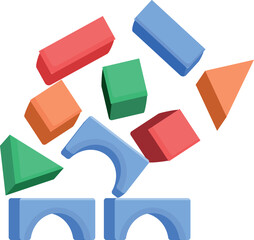 Obraz premium Colorful building blocks of various shapes are falling onto a blue base, creating a dynamic and playful construction scene