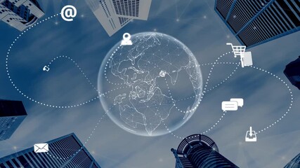 Visualization of global digital communication and online across multiple platforms, including global network, digital network, communication network, and online network. Marrow - Powered by Adobe