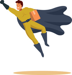 Courier wearing superhero costume flying and holding a package, fast delivery and shipping concept