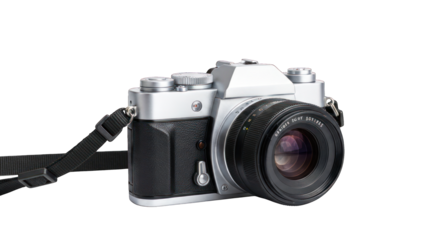 Silver and black vintage film camera with lens and strap against a black background