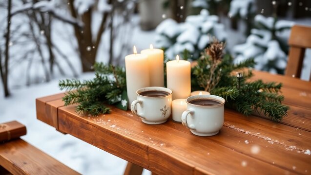 Cozy winter scene with hot chocolate and candles in snow