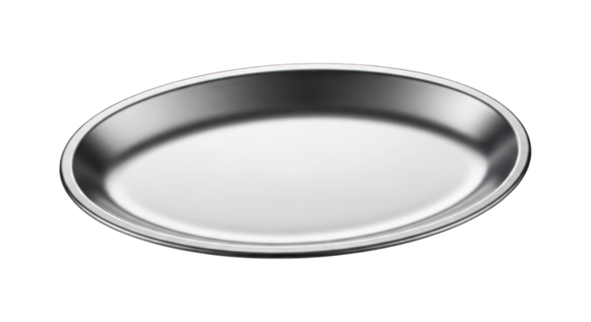 Silver oval tray, smooth, with a soft reflected light, isolated against black