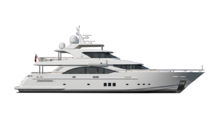 Sleek white motor yacht sailing on calm waters, side view, under clear sky