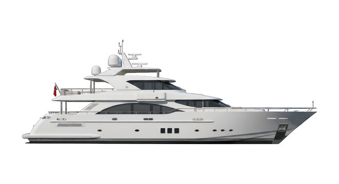 Sleek white motor yacht sailing on calm waters, side view, under clear sky