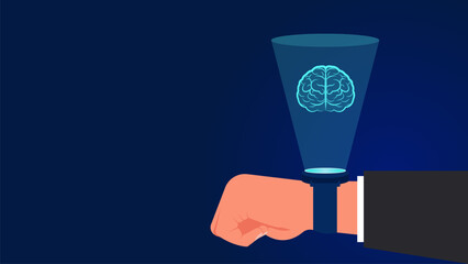 This flat design style illustration shows the relationship between humans and intelligent technology, where a wrist-mounted device becomes a bridge to collaboration with AI.