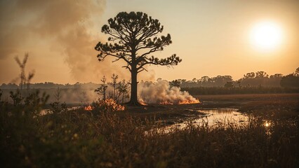 Fototapeta premium A lone tree stands near a waterbody during sunset with smoke from a fire in the background.