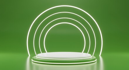 Obraz premium Modern minimalist podium with glowing neon rings, perfect for product showcase and awards