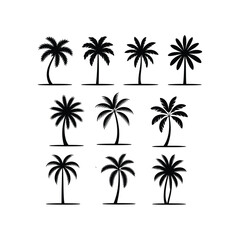 Naklejka premium Palm tree silhouette set, tropical tree icons collection, vector illustration of coconut palm shapes